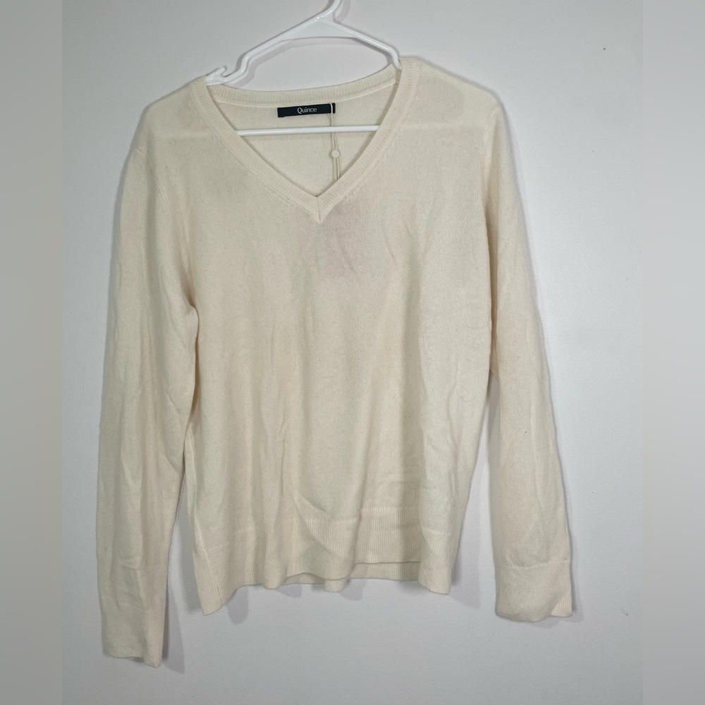 NEW Quince Cashmere V-Neck Sweater, Cream, Women’s Large